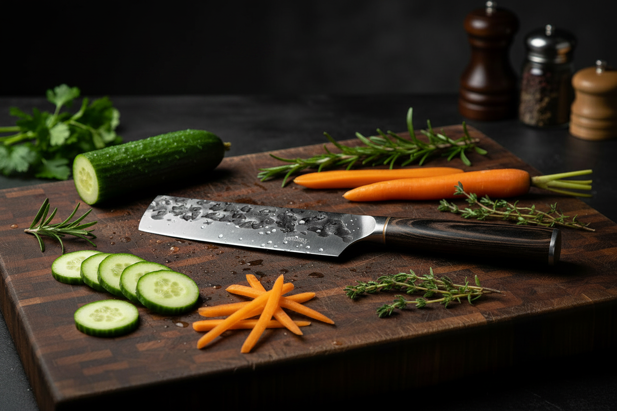cuchillo Nakiri Montana real integrado en una escena de fotografía culinaria profesional, con tabla de madera oscura, verduras frescas y una iluminación dramática ideal