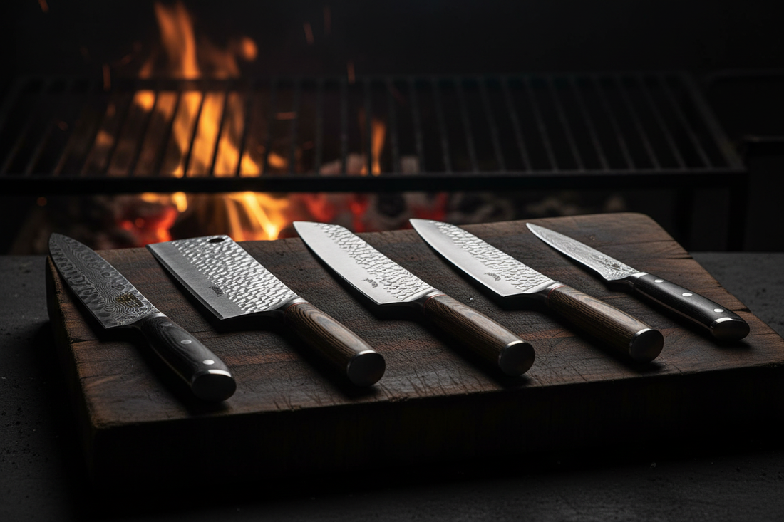 5 cuchillos Montana como referencia — Chef, Nakiri, Kiritsuke, Santoku y Fileteador.