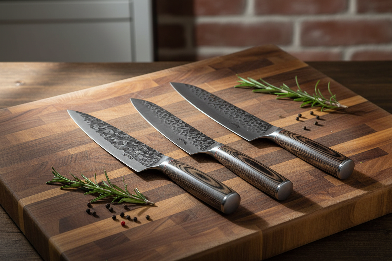 Cuchillos Kiritsuke, Santoku y Chef Montana sobre tabla de madera