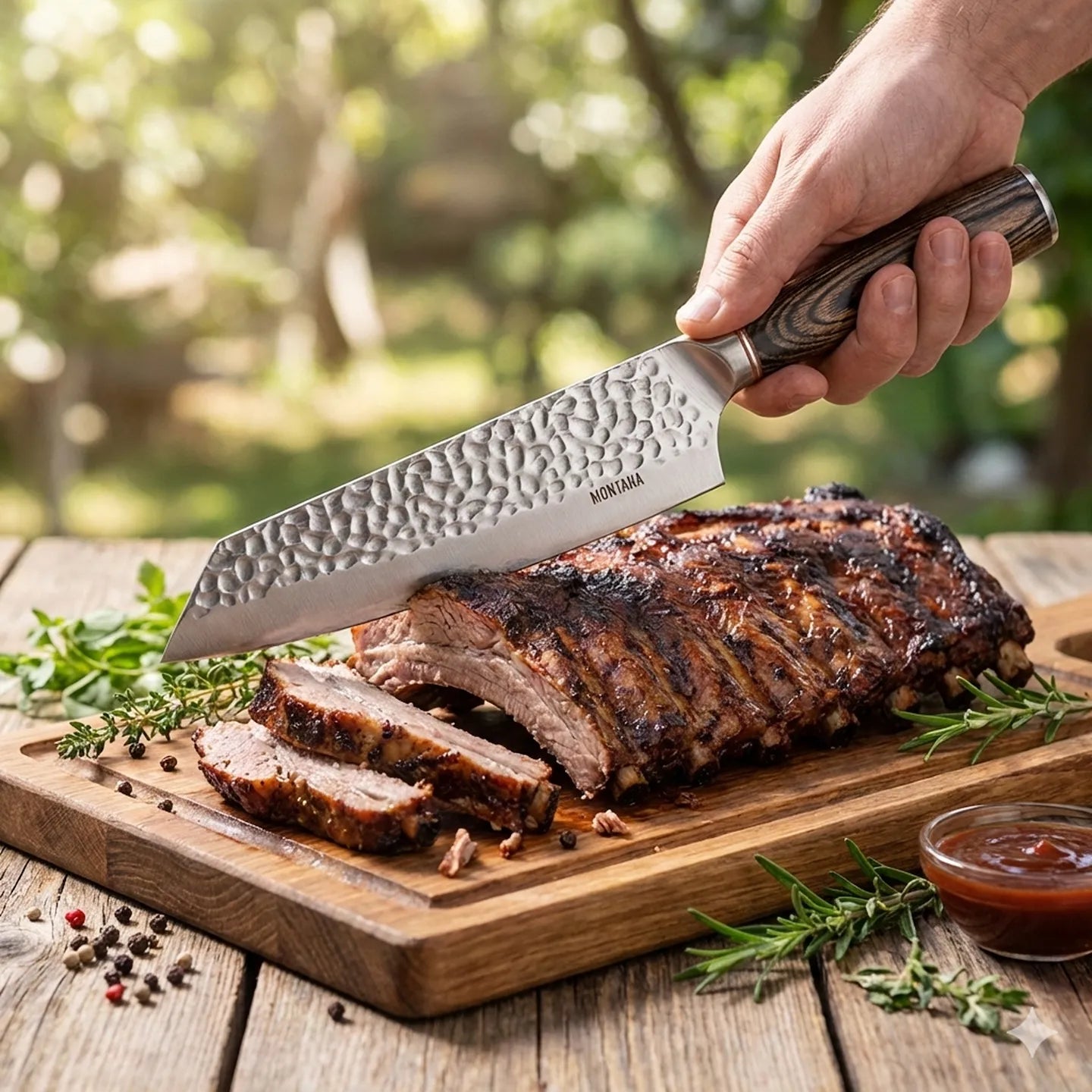 cuchillo montana cortando un costillar fondo difuminado de quincho